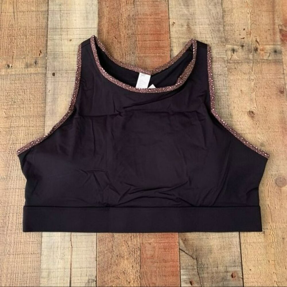 Fabletics trinity high impact high neck sports bra with back pocket in purple